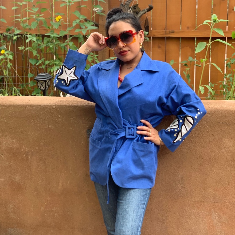 ibe Vintage 1980s Blue Linen Sea Shell Blazer Size 6 Novelty Print
